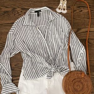 Aqua button down striped top